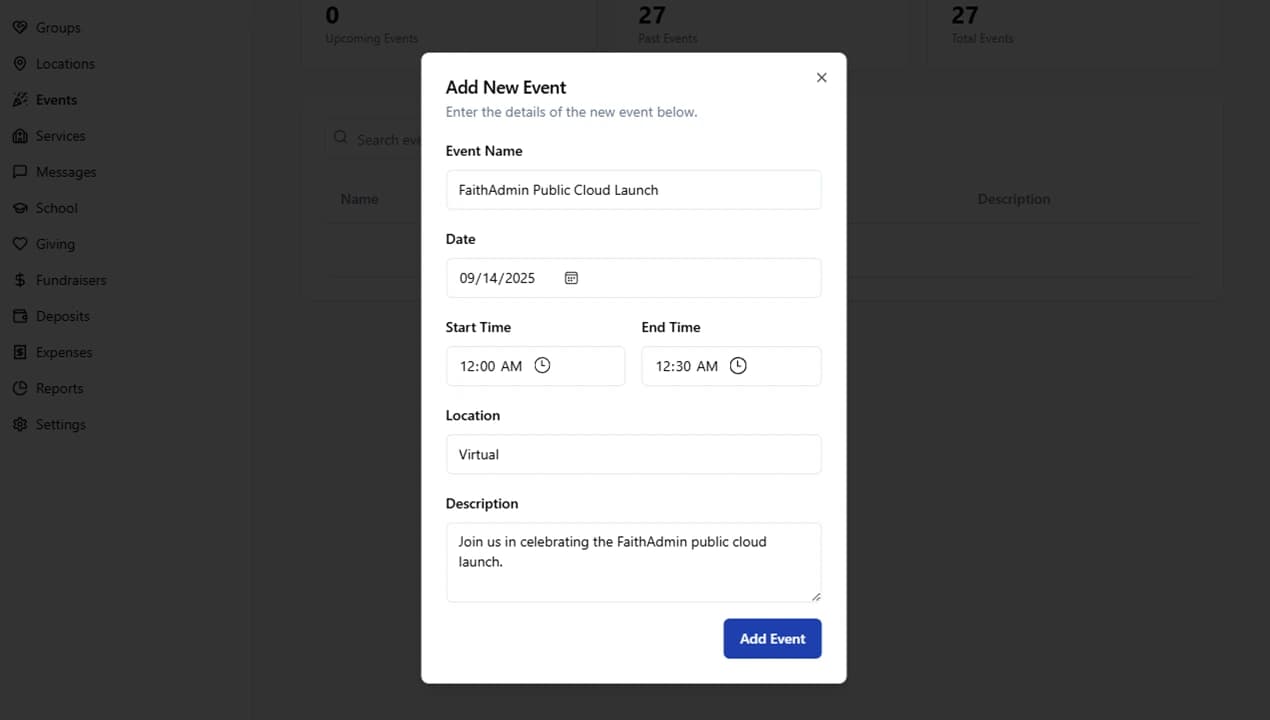 Adding an event in FaithAdmin